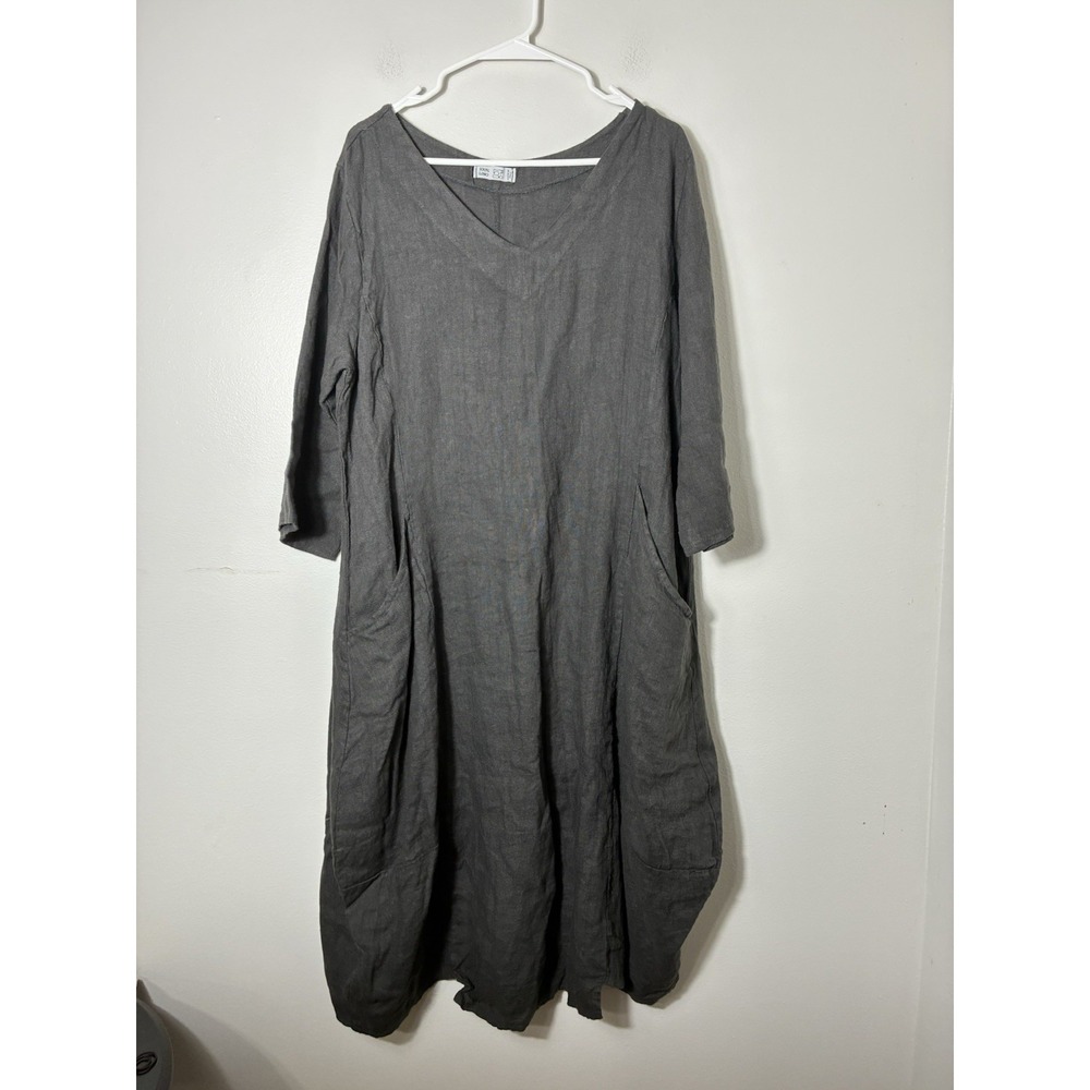 100% Linen Made In Italy Pullover Lagenlook Midi Dress Sz Large Grey Art To Wear